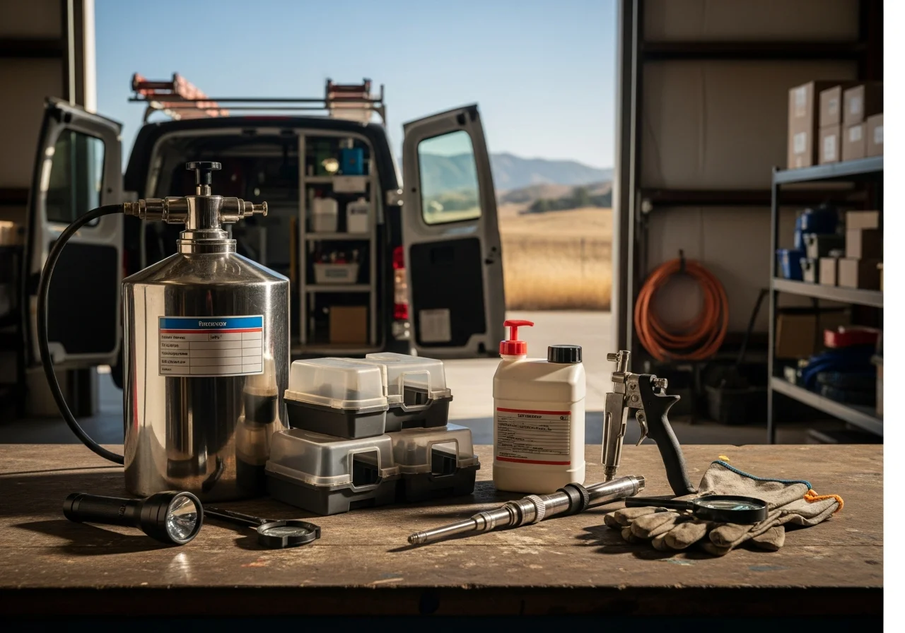 Pest control technician with equipment and tools ready for service calls in the field.