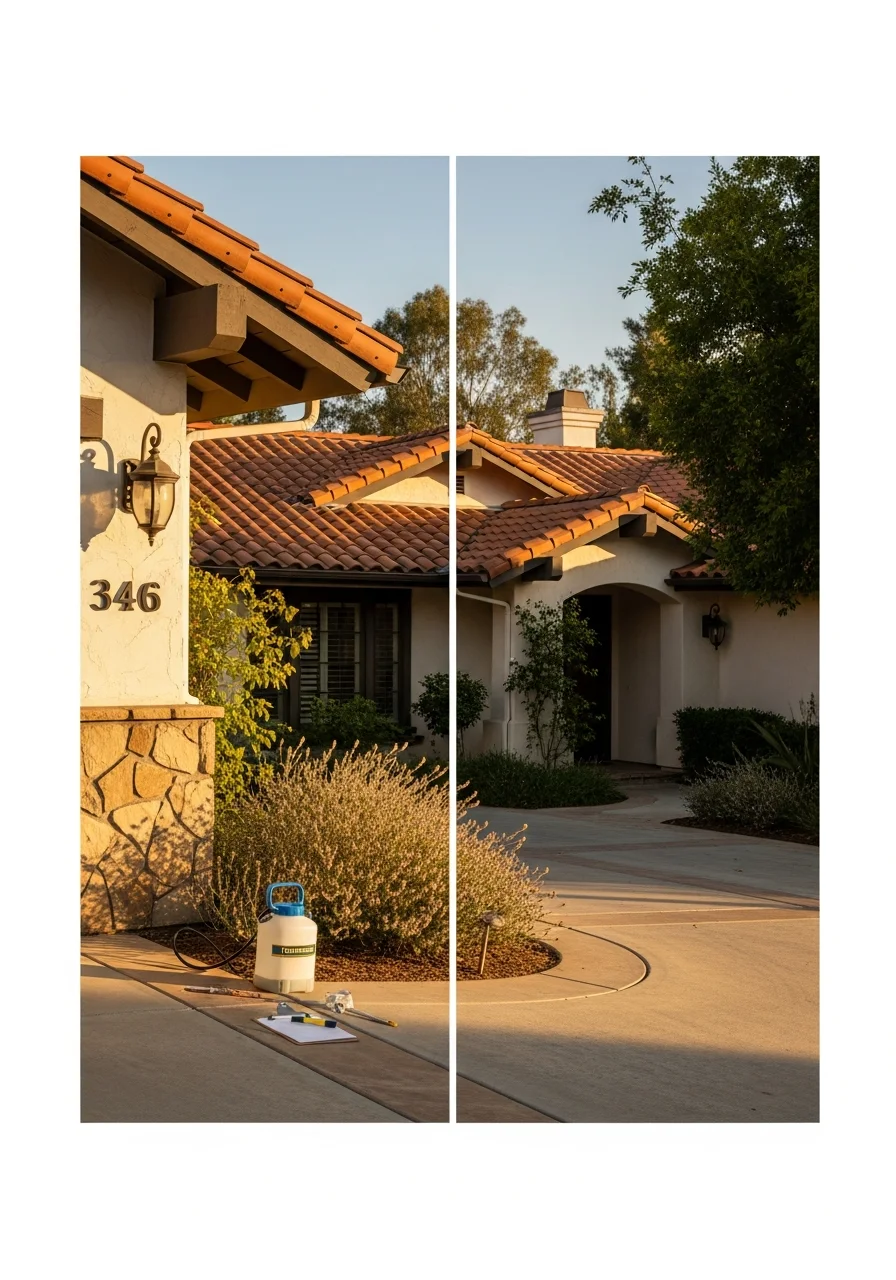 Portrait of a foothills homeowner in their driveway with their home's entrance and landscaping visible.