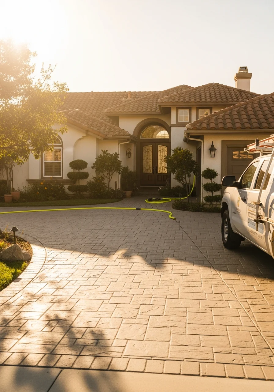 Portrait of an Orange County homeowner in their driveway with their home's entrance visible behind them.