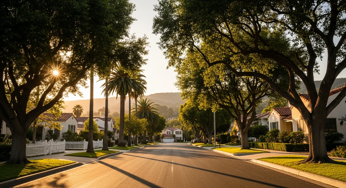 Wide view of a Redlands residential street lined with mature trees and well-maintained homes in afternoon sunlight.