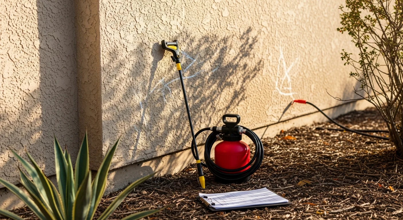 A pest control technician from Epic Pest Management applying ant control treatment along the exterior foundation of a residential home in Redlands, California. Mature landscaping and a concrete perimeter are visible in the background.