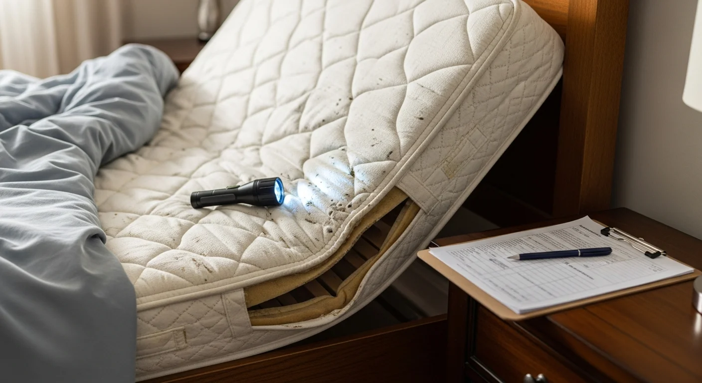 A pest control technician from Epic Pest Management inspecting a mattress seam and bed frame for bed bug activity inside a Redlands home. Close-up view shows a flashlight scan along the mattress edge during a professional bed bug inspection.