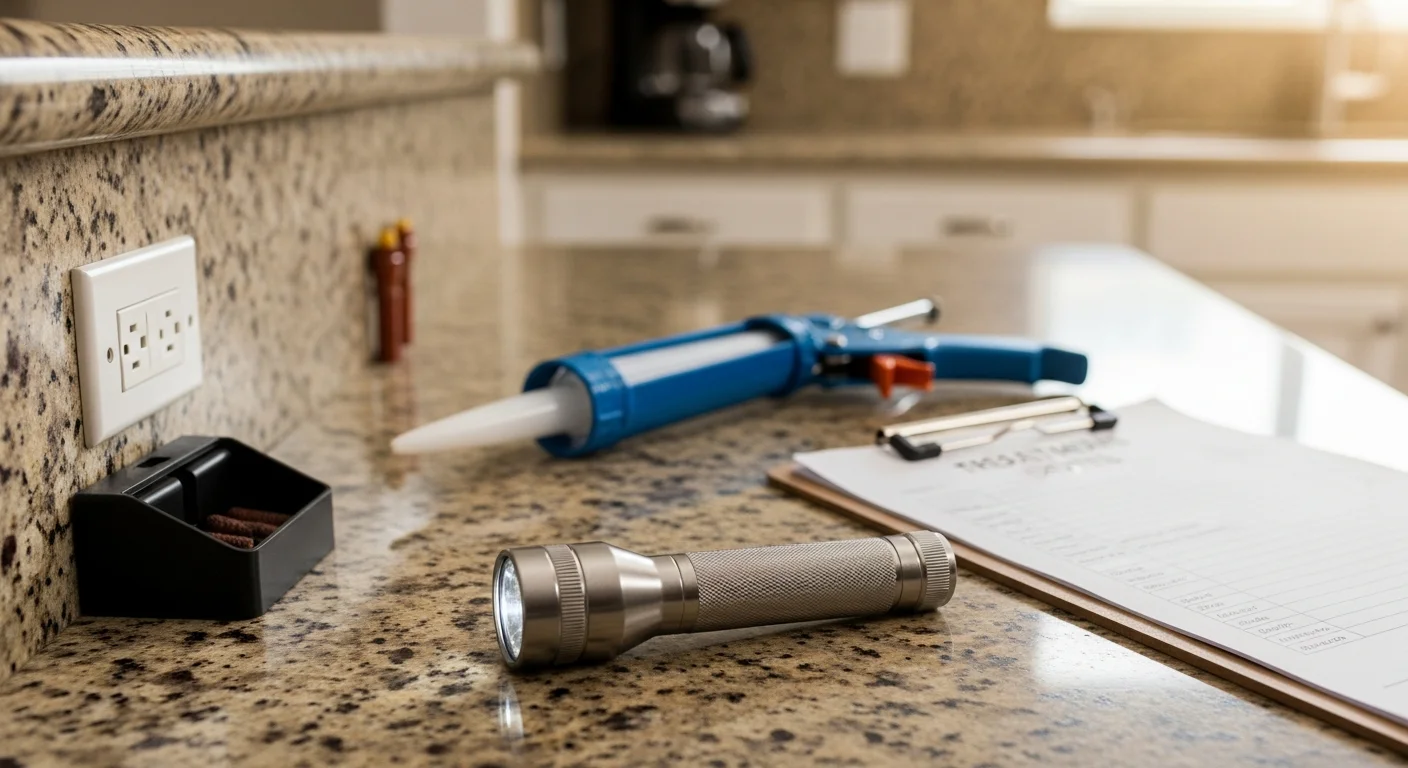 A pest control technician from Epic Pest Management inspecting under a kitchen cabinet in a Redlands home for signs of cockroach activity. Close-up view shows a flashlight beam revealing a cockroach harborage point near a drain pipe.