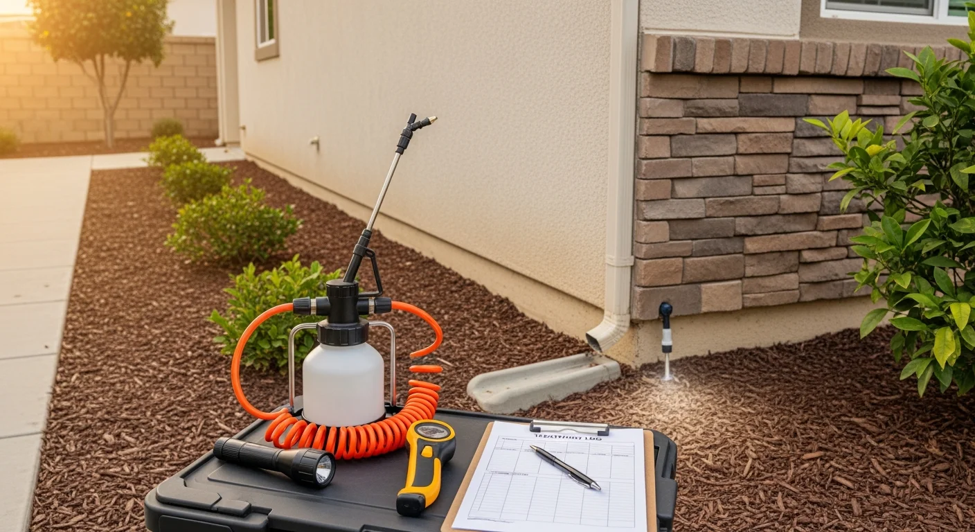 A pest control technician from Epic Pest Management inspecting the exterior perimeter of a residential home in Redlands, CA. The technician is checking the foundation and entry points for signs of ant trails and rodent activity near a mature landscaped yard.