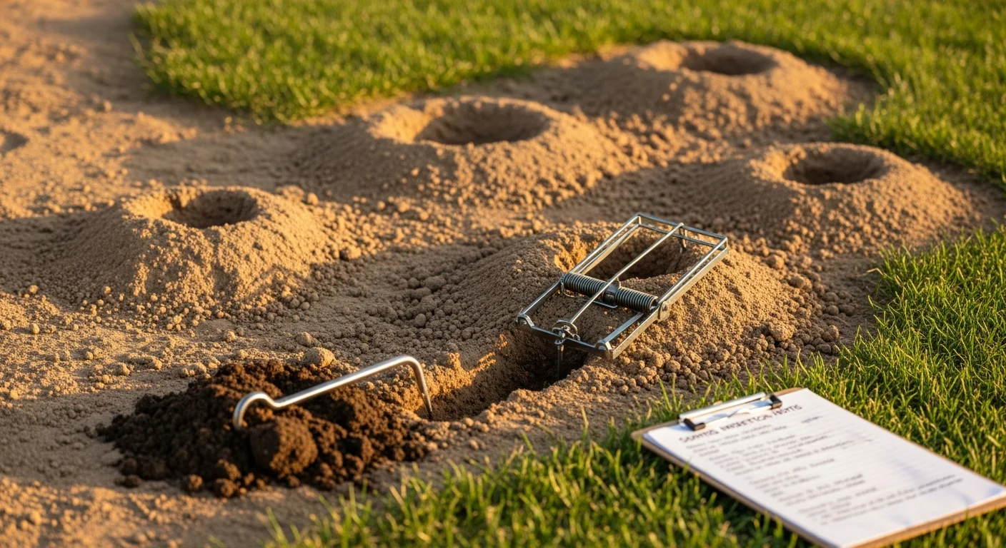 A Redlands residential backyard showing a technician from Epic Pest Management inspecting a fresh fan-shaped gopher mound near an irrigated lawn. Close-up view of disturbed soil and tunnel entry point along a garden bed edge.