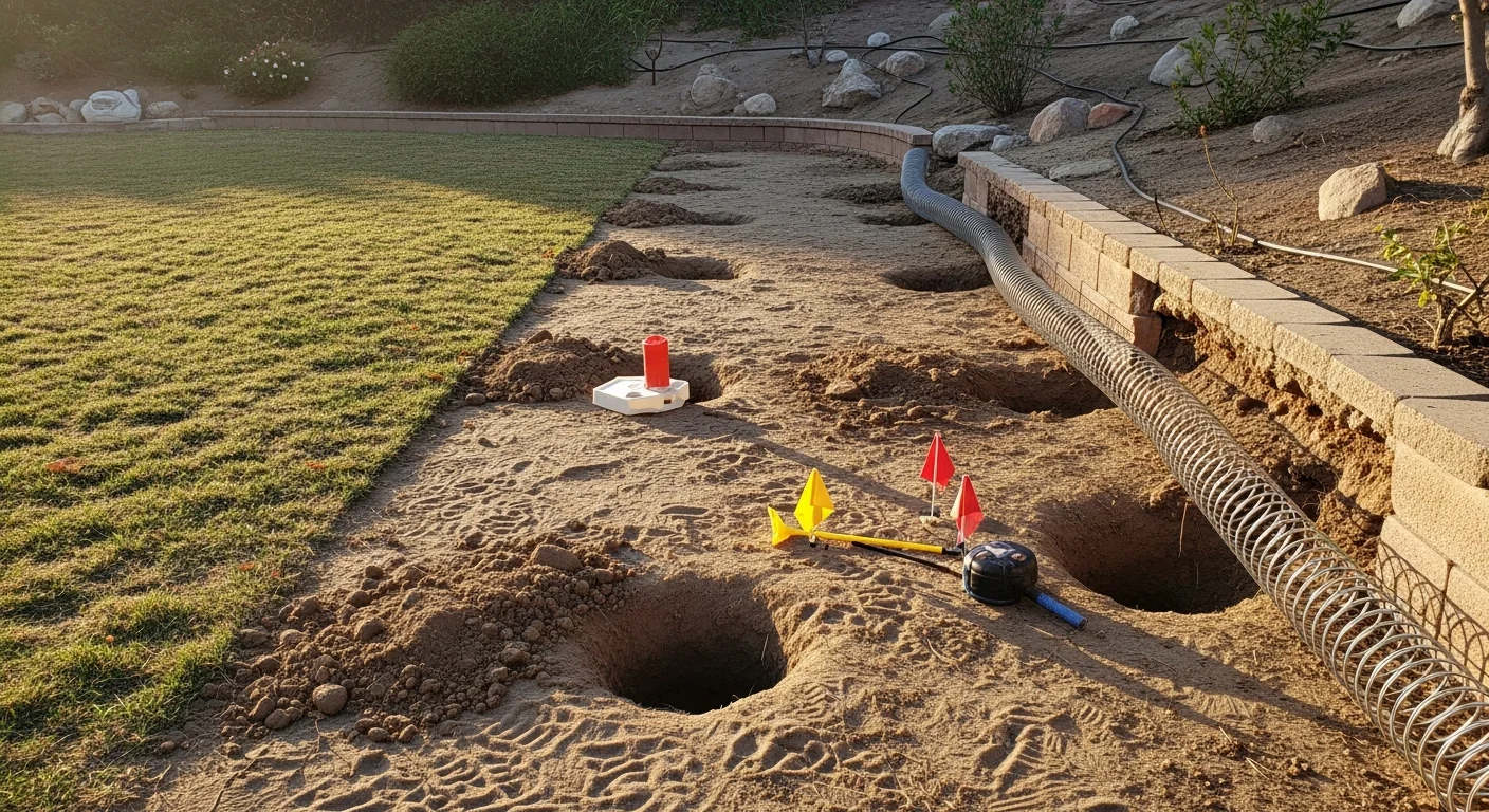 A Redlands residential backyard showing multiple ground squirrel burrow openings along a dry slope near a retaining wall. An Epic Pest Management technician inspects the active burrow system during a property assessment.