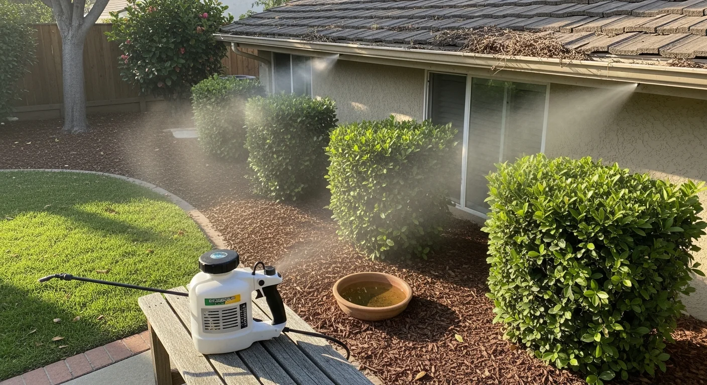 A pest control technician treating dense shrubs and landscaped beds in a residential backyard in Redlands, California. The yard includes mature trees and an irrigated lawn typical of homes in the area.