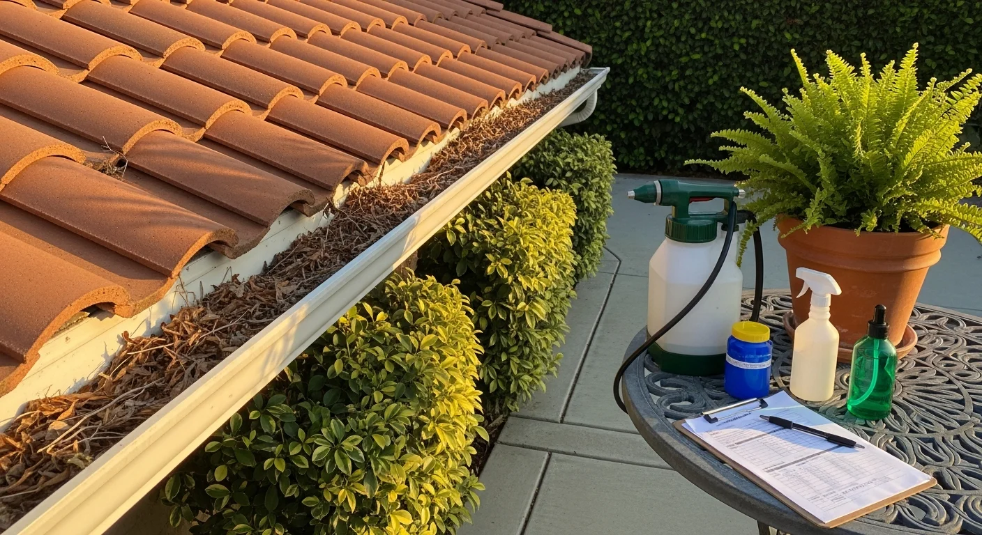 A pest control technician from Epic Pest Management inspecting dense backyard shrubs and a drip-irrigated garden bed at a residential property in Redlands, California. The technician is checking vegetation and low-drainage areas for mosquito resting and breeding sites.