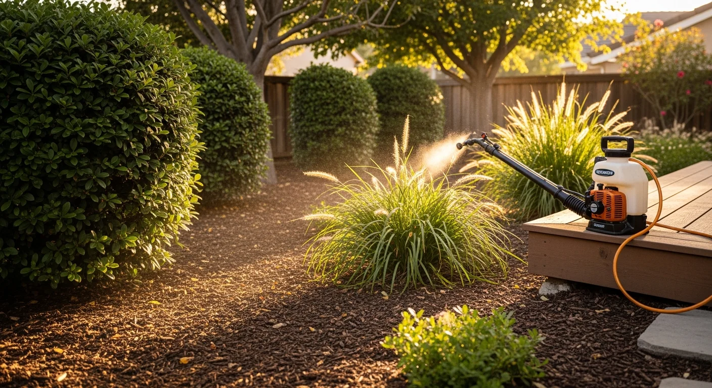 A pest control technician applying a barrier mosquito treatment to dense shrubs and ground cover in a residential backyard in Redlands, California. The yard includes mature landscaping typical of Inland Empire homes, with shaded areas along a wooden deck being treated.