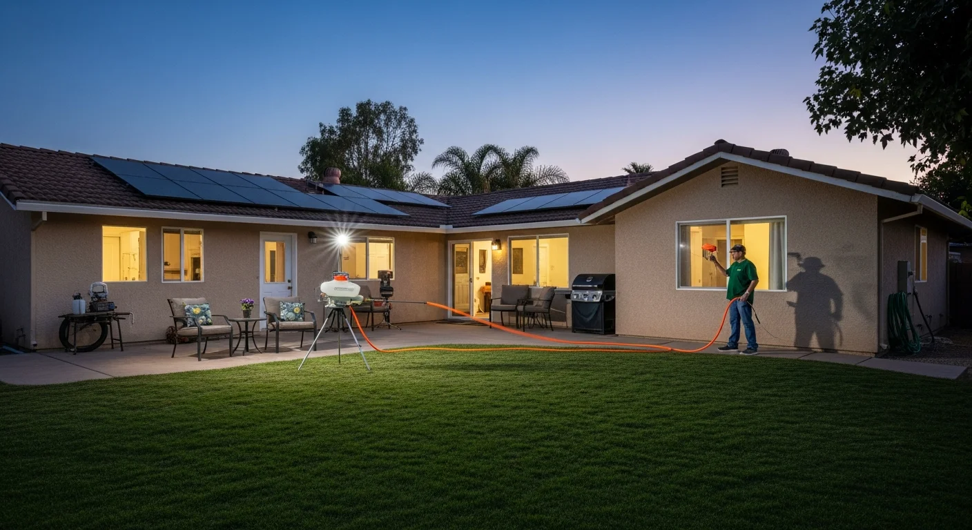 A pest control technician from Epic Pest Management treating the shaded backyard vegetation and lawn perimeter of a Redlands, CA residential property for mosquito control. Mature landscaping and an irrigated yard are visible in the background.