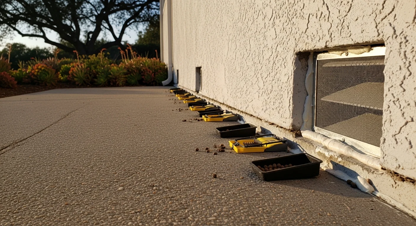 A pest control technician from Epic Pest Management inspecting a rodent entry point along the exterior foundation of a residential home in Redlands, CA. Close-up view shows a sealed gap near a vent opening with exclusion material applied.