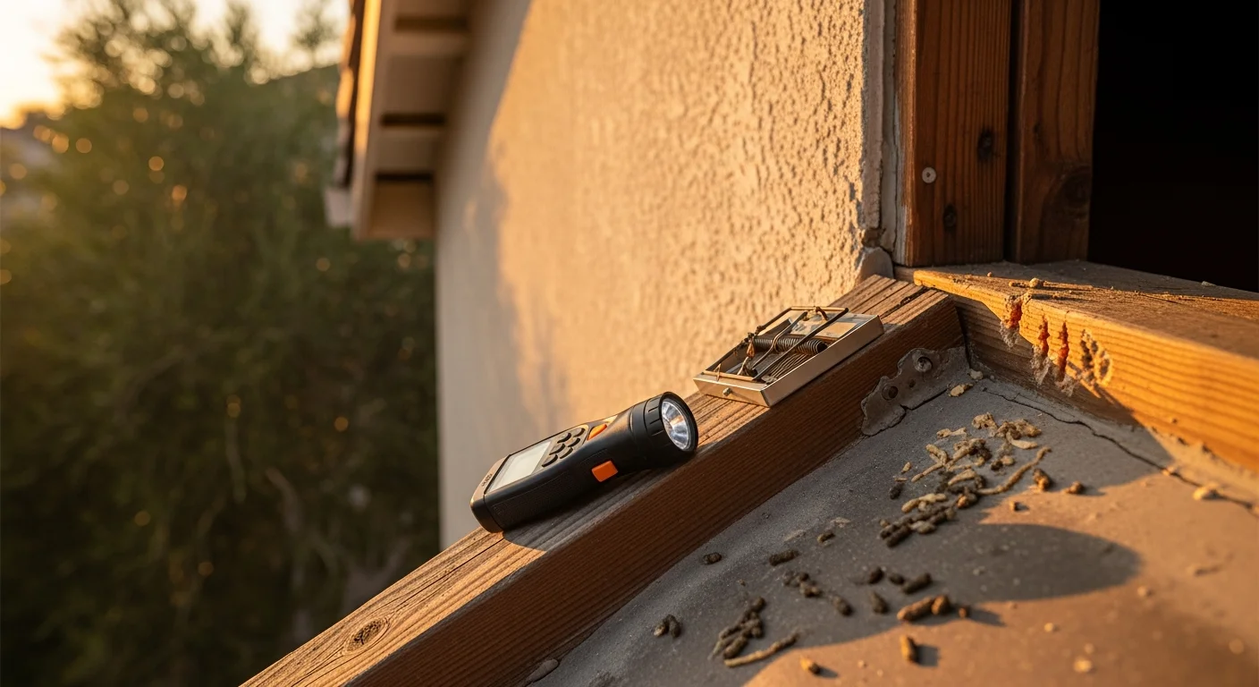A pest control technician from Epic Pest Management inspecting a gap along the roofline of a Redlands home for rodent entry points. Close-up view shows gnaw marks and a sealed exterior crack after rodent exclusion work.