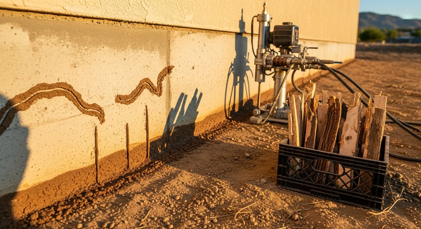 A pest control technician from Epic Pest Management inspecting the crawlspace foundation of a Redlands home for subterranean termite mud tubes and soil entry points. Close-up view shows treated soil along the concrete perimeter with no visible active termite activity.
