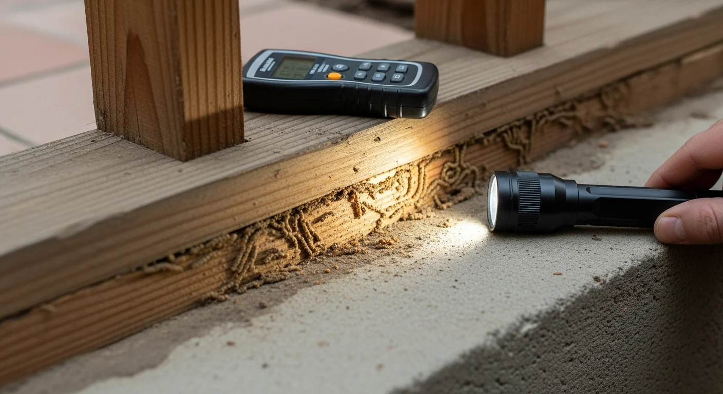 An Epic Pest Management inspector examining the foundation perimeter of an older wood-frame home in Redlands, California, checking for mud tubes and signs of termite activity. The inspector documents findings on a clipboard while crouched near the crawl space access point.