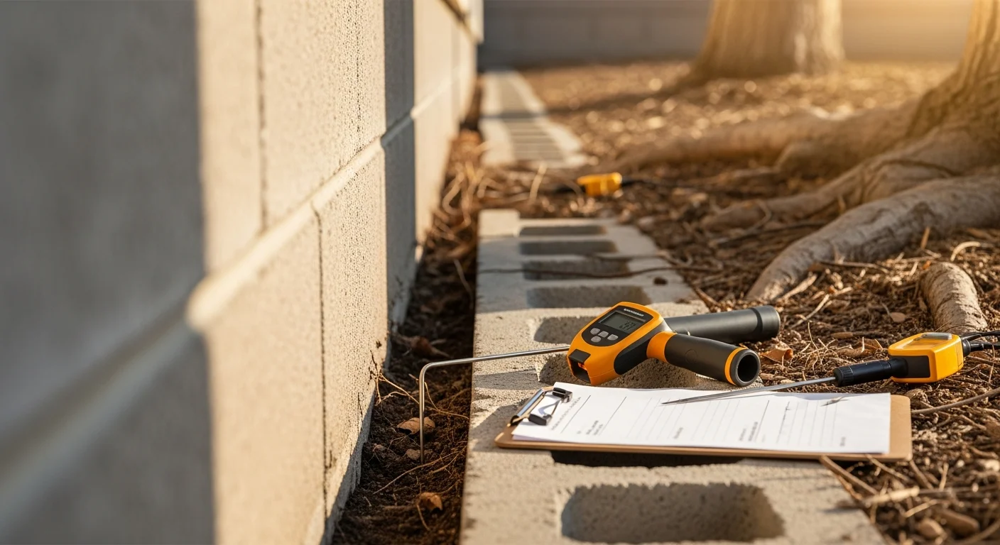 A pest control technician from Epic Pest Management inspecting the foundation perimeter of a wood-frame home in Redlands, CA for signs of termite activity. The technician examines a crawl space entry point along the exterior wall during a termite prevention service visit.