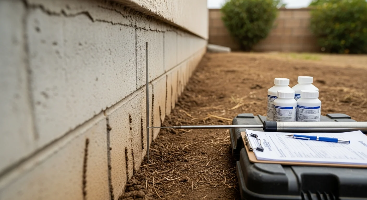 Epic Pest Management technician inspecting the foundation perimeter of a wood-frame home in Redlands, CA for signs of termite activity. Close-up view of mud tubes along a concrete stem wall during a professional termite treatment service call.