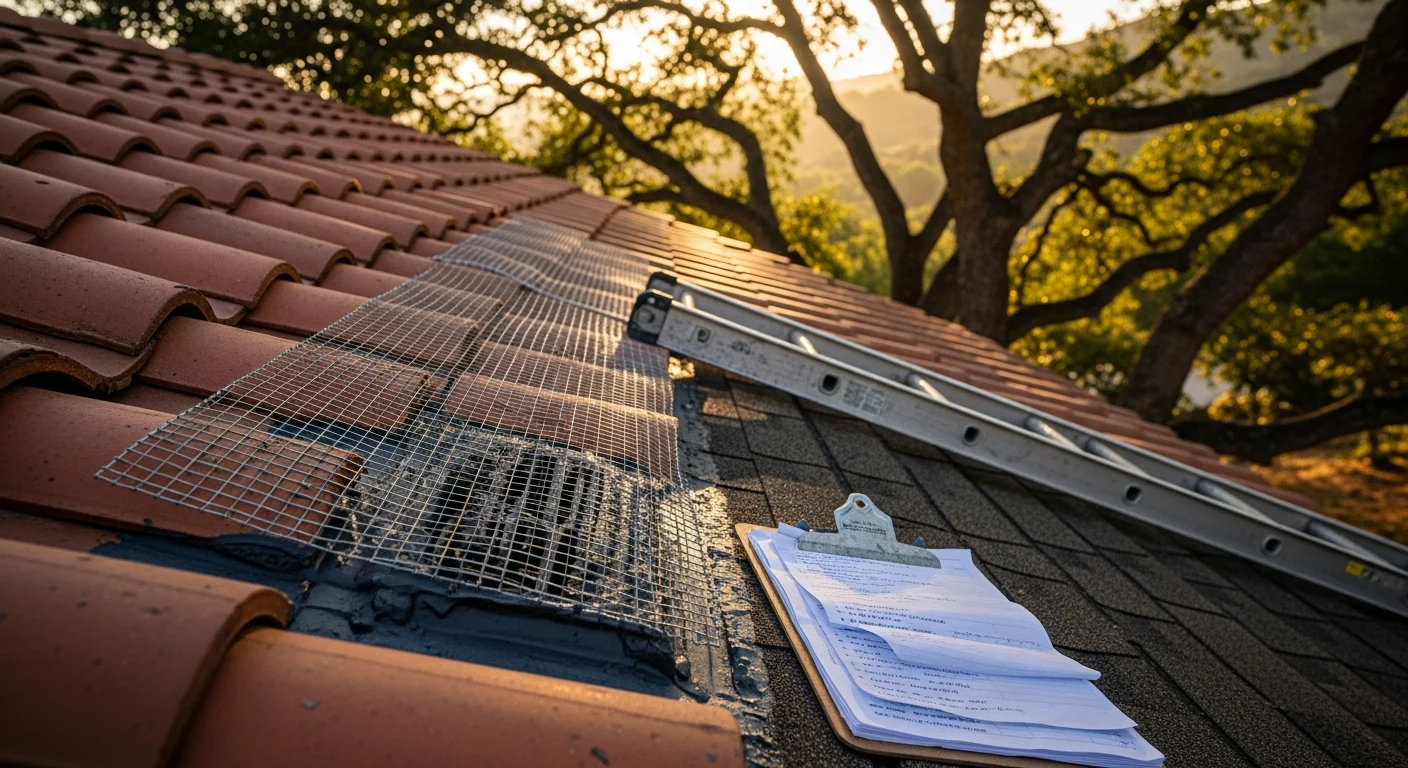 A pest management technician sealing a roofline vent on a single-family home in Redlands, California. The work targets a common wildlife entry point used by roof rats and squirrels in foothill-adjacent neighborhoods.