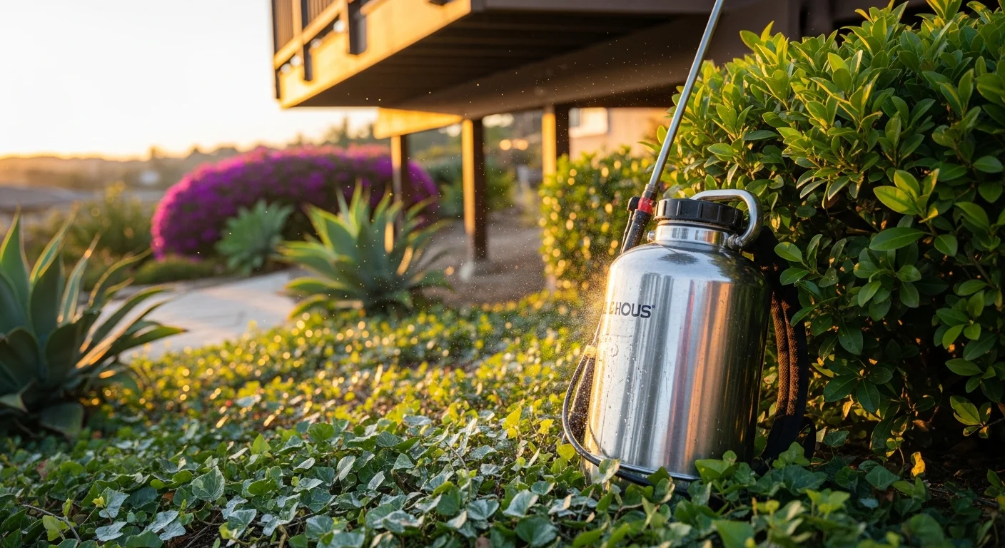 A pest control technician spraying mosquito treatment along a shrub line and shaded patio edge at a residential property in Redlands, California. The yard shows mature landscaping typical of Redlands homes, with treated foliage and a clear outdoor living area in the background.